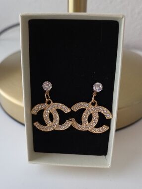 Gold Tone and Silver Crystal Logo Earrings